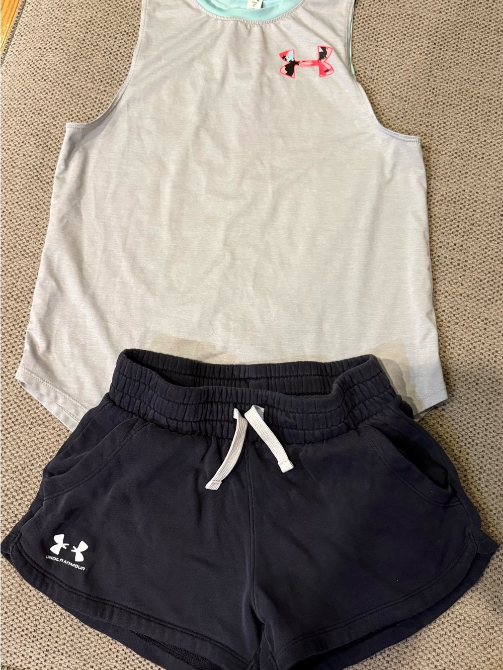 Under Armour Light Gray Tank with Mint Trim and Under Armour black shorts